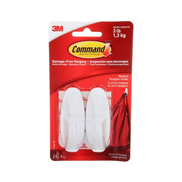 Command Medium Designer Hooks with Adhesive Strips, White, 3-lbs, 2 Strips per Pack B0