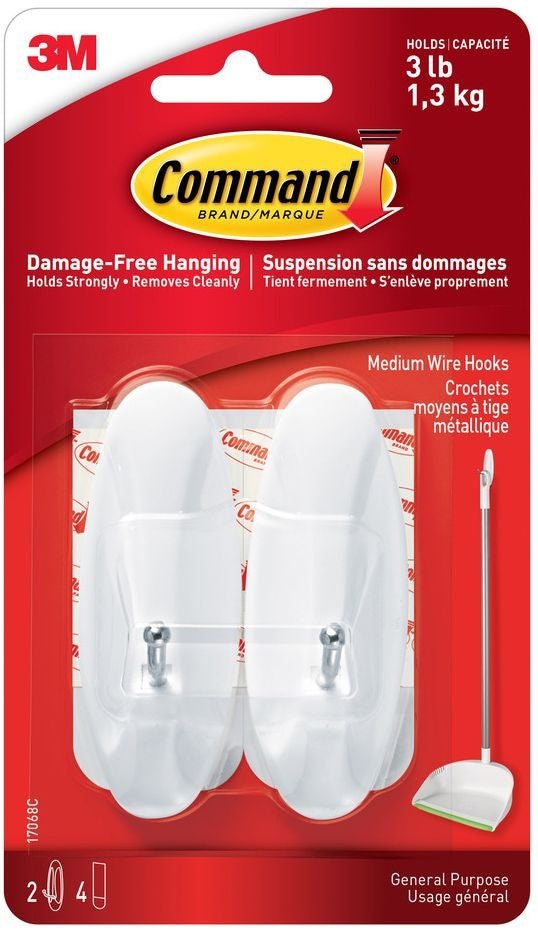 Command Medium General Purpose Wire Hooks with Adhesive Strips, White, 3-lbs, 2 Strips Per Pack M7