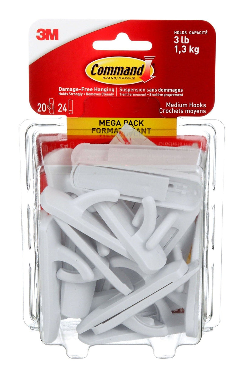 Command Medium Hooks Mega Pack with Adhesive Strips, White, 3-lbs, 20 Hooks/Pack V6