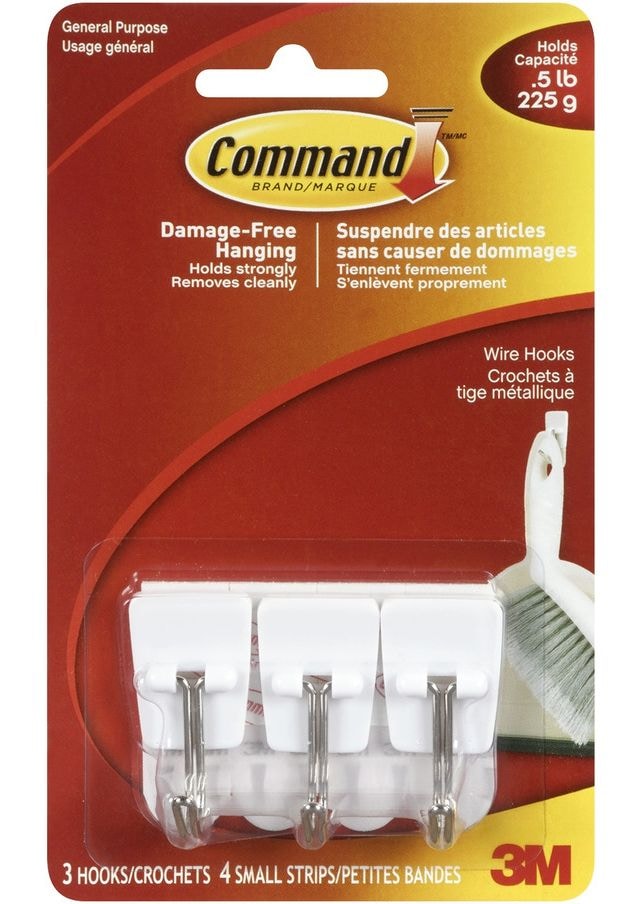 Command Micro Wire Utensil Hooks with Adhesive Strips, White, 0.5-lbs, 3 Strips Per Pack G6