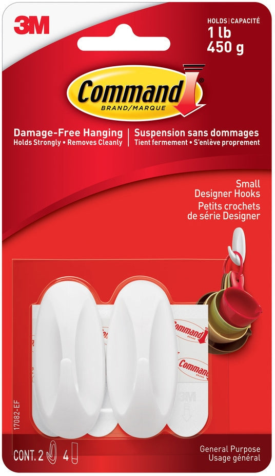 Command Small Designer Hooks with Adhesive Strips, White, 1-lb, 2 Strips per Pack J4