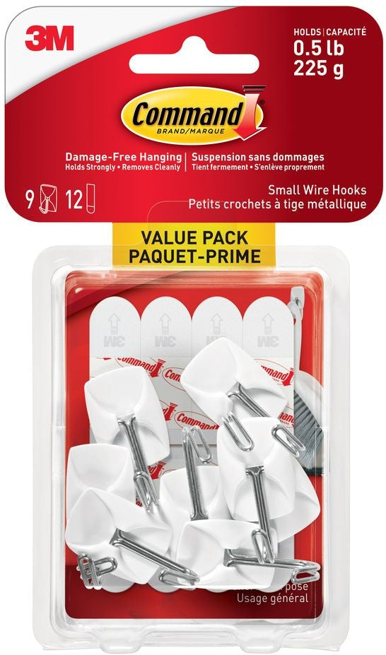 Command Small Wire Hooks Value Pack with Adhesive Strips, White, 0.5-lbs, 9 Strips per Pack T8