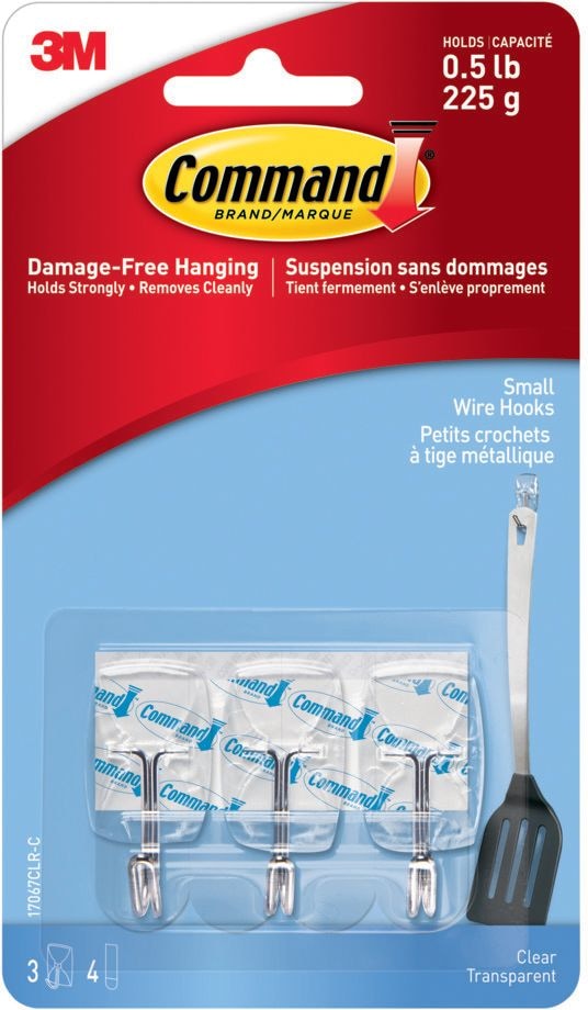 Command Small Wire Hooks with Adhesive Strips, Clear, 0.5-lbs, 3 Strips per Pack A2