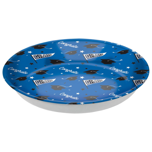 "Congrats Grad" Round Plastic Reusable Serving Bowl, Blue, 14-in, for Graduation D0