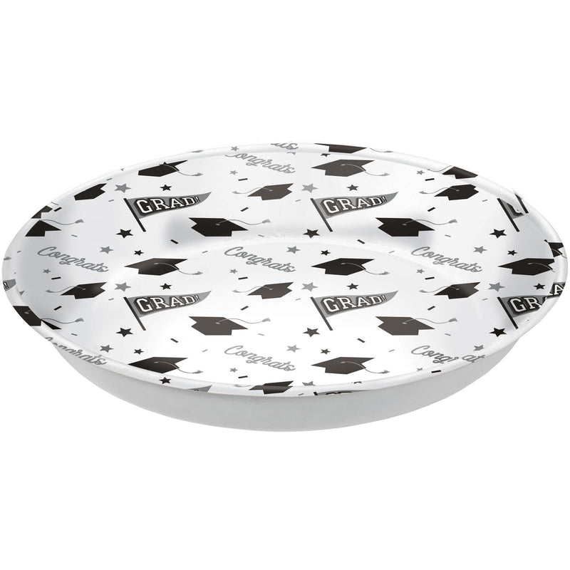 "Congrats Grad" Round Plastic Reusable Serving Bowl, White, 14-in, for Graduation N5