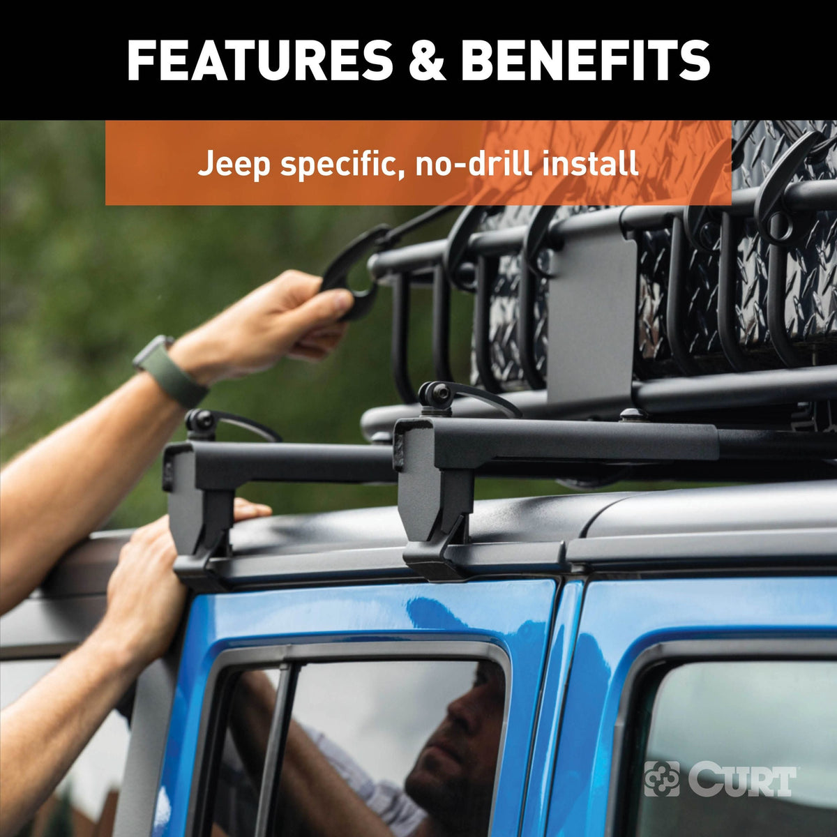 CURT 18122 Quick-Release Roof Rack Crossbars, Black Steel, Select Jeep Wrangler JK