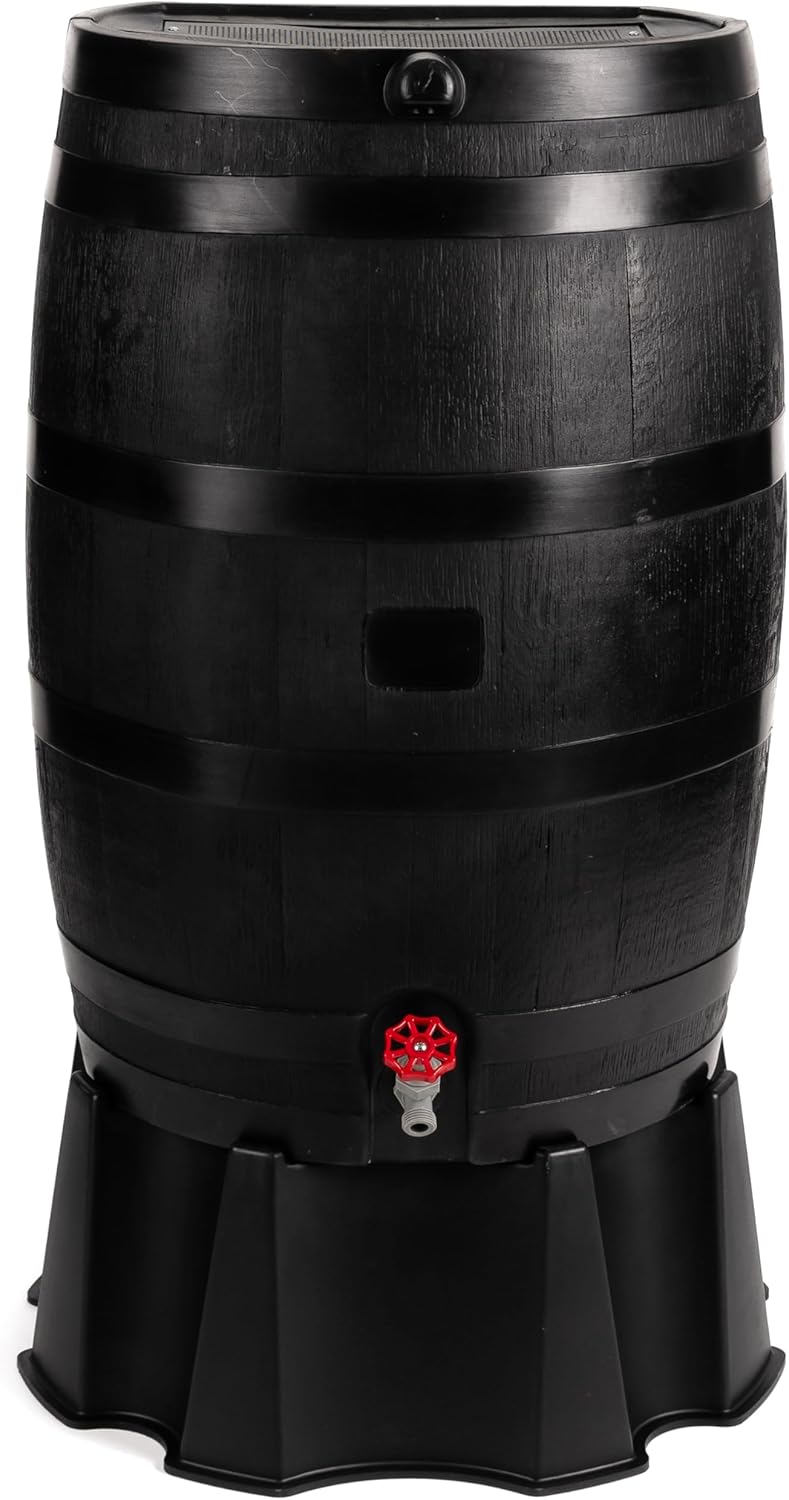 RTS Home Accents 50-Gallon ECO Rain Barrel Made with 100% Recycled Plastic, Flat Back Rain Water Collection Barrel, Black A0