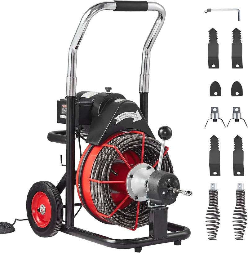 Drain Cleaner Machine 100FT x 1/2 Inch, Auto Feed Sewer Snake Auger on Wheels, 550W Portable Drain Cleaning Machine with 8 Cutters & Air-activated Foot Switch for 2" to 4" Pipes L9