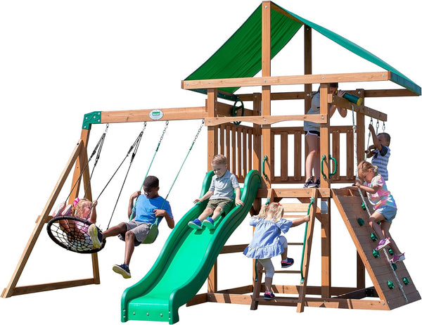 A complete set of wooden mountain-style swings, equipped with a colorful canvas sunshade, a wave slide, a rope swing, a net swing, and a rock wall with climbing ropes and ladders. R3
