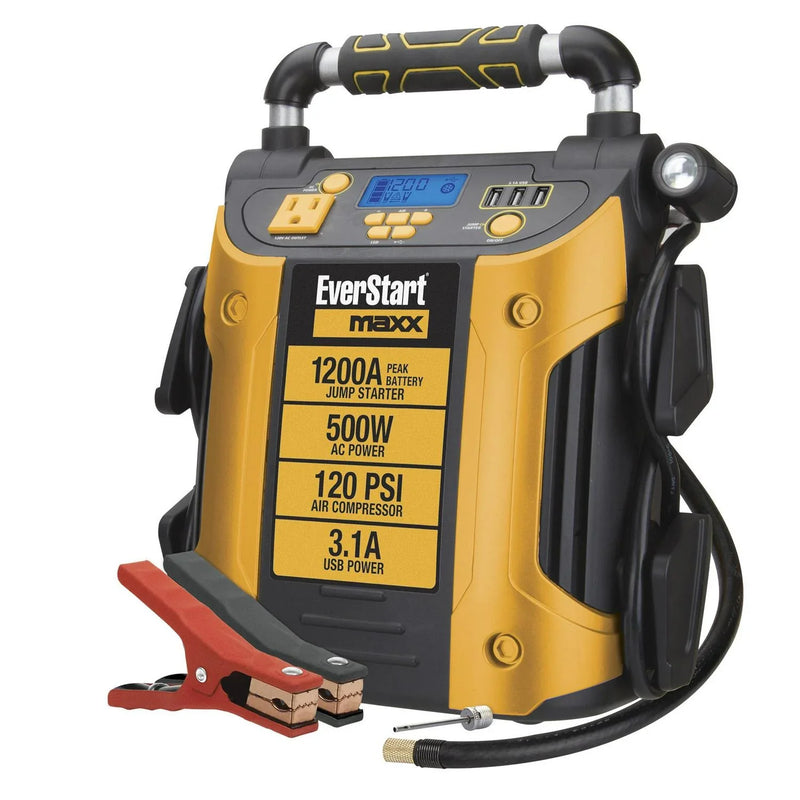 J5CPDE Jump Starter, Power Station, 1200 Peak Battery Amps with 500W Inverter and 120 PSI Compressor Y2