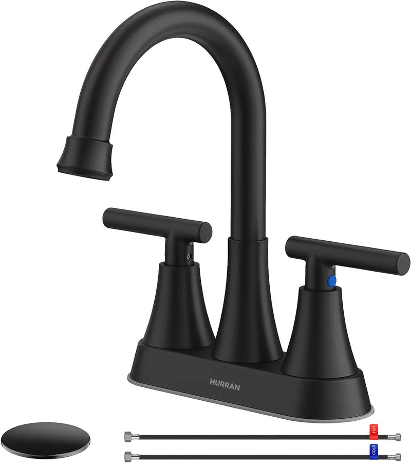 Bathroom Faucets for Sink 3 Hole, Hurran 4 inch Matte Black Bathroom Sink Faucet with Pop-up Drain W9