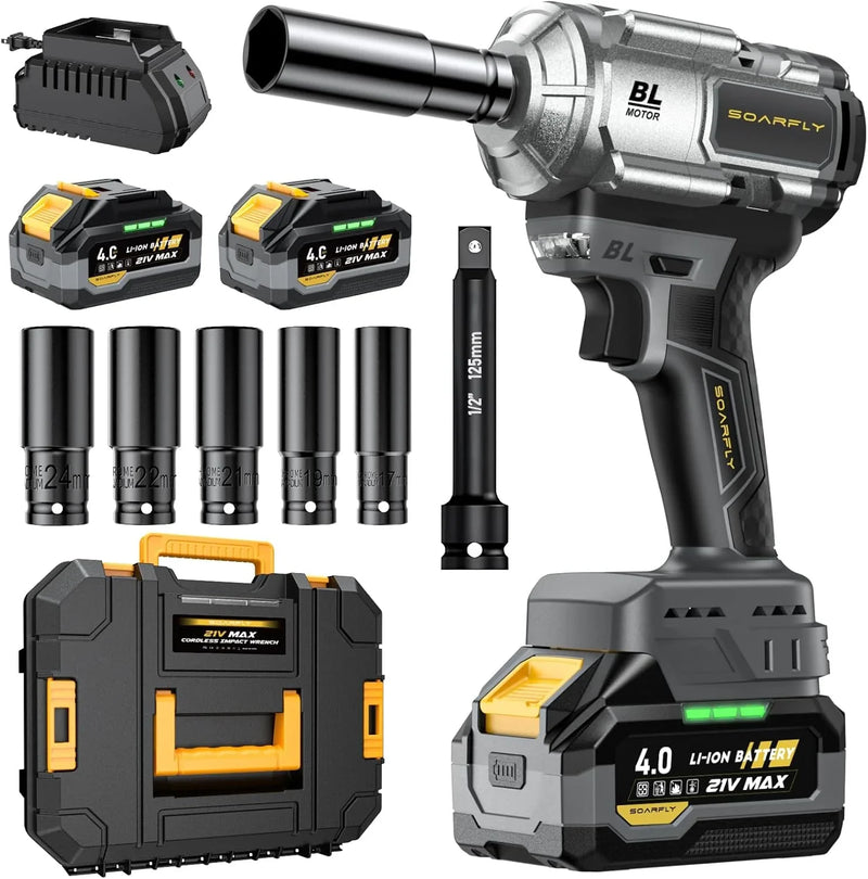 Cordless Impact Wrench, 1200Nm(900ft-lbs) High Torque 1/2'' Impact Wrench, 21V Brushless Electric Impact Gun with 2Pcs 4.0Ah Batteries, 1 Hour Fast Charger, 5 Sockets, Power Impact Driver for Car Home J3