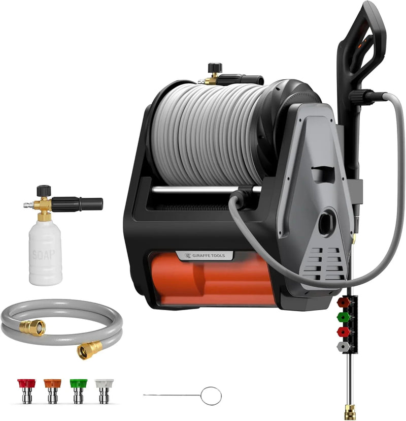 Pressure Washer Pro, Electric Wall Mount Power Washer with 100FT Retractable Pressure Hoses, 3300PSI, 1.6GPM, 4 Nozzles, Foam Cannon for Cars/Patios, Dark Silver D3