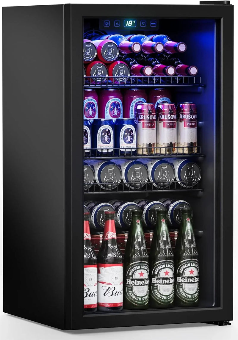 Refrigerator Cooler-120 Cans Freestanding Mini Fridge Cooler with Glass Door, Adjustable Shelves & Digital Temperature Display for Soda, Wine or Beer (Black, 3.2 Cu.Ft) T4