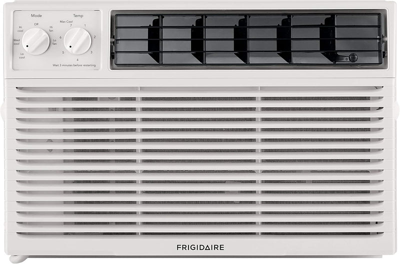 5000-watt window air conditioner, with a cooling area of 250 square feet, operates quietly, has easy and convenient temperature adjustment, 2 fan speeds, automatic restart function, and a white appearance P6