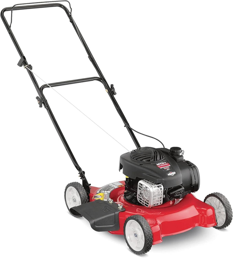 20-inch steel cutting deck, side-discharge gasoline-powered push lawn mower, with engine oil, available in red and black, suitable for outdoor yards. P8