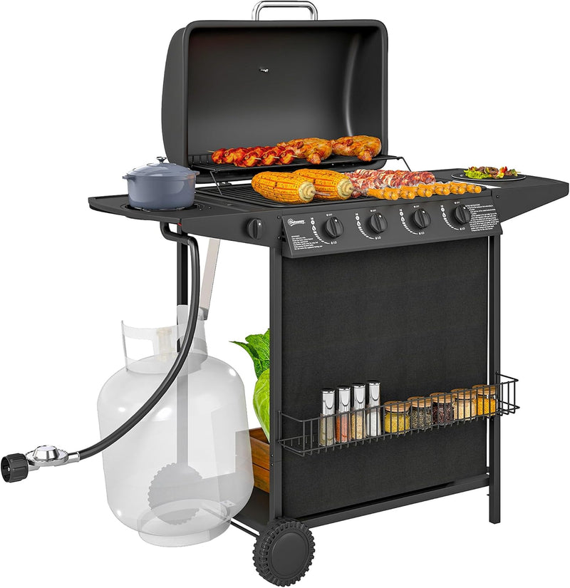 4 1 Burner Propane Gas BBQ Grill, Portable Gas Barbecue Grill with Side Burner, Thermometer, Lid, Side Table, Shelf, Spice Rack, Wheels, Grease Cup for Garden, Black Q3