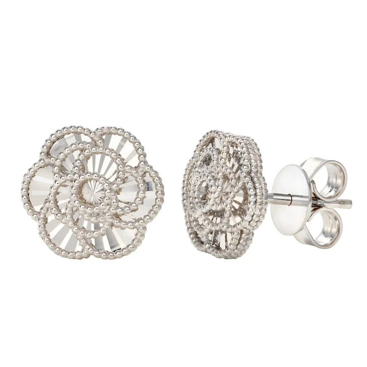 Diamond Cut Textured Flower Stud Earrings in White Gold U4