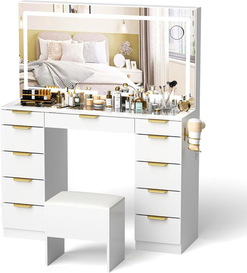 Glass Top Vanity Desk with Mirror and Lights, 11 Drawers Makeup Vanity with Golden Handles, 3 Lighting Modes Upgraded Silent Slides Vanity Desk with Bench, Portable Mirror and Power Putlet G8