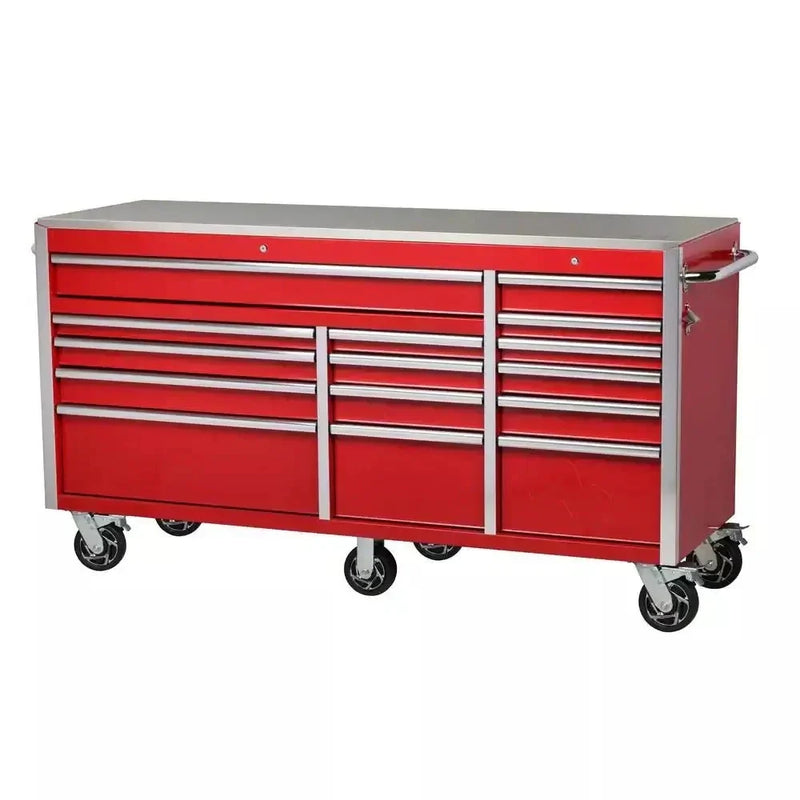Heavy-Duty 72 in. W x 24 in. D 15-Drawer Tool Chest Mobile Workbench with Stainless Steel Top and Dual Locks in Red E3