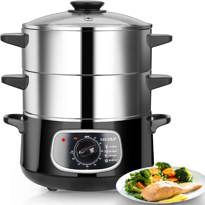 2 stainless steel food steamers, 8.5 liters capacity, electric glass-covered vegetable steamer, double-layer stackable steaming basket, with timer included O4
