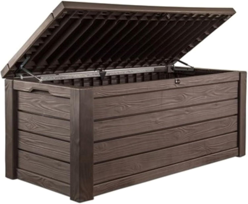 570-liter storage box, all-weather resin boat-shaped storage box, and stylish outdoor bench with piston-assisted lockable lid and side handles, dark coffee color version D6