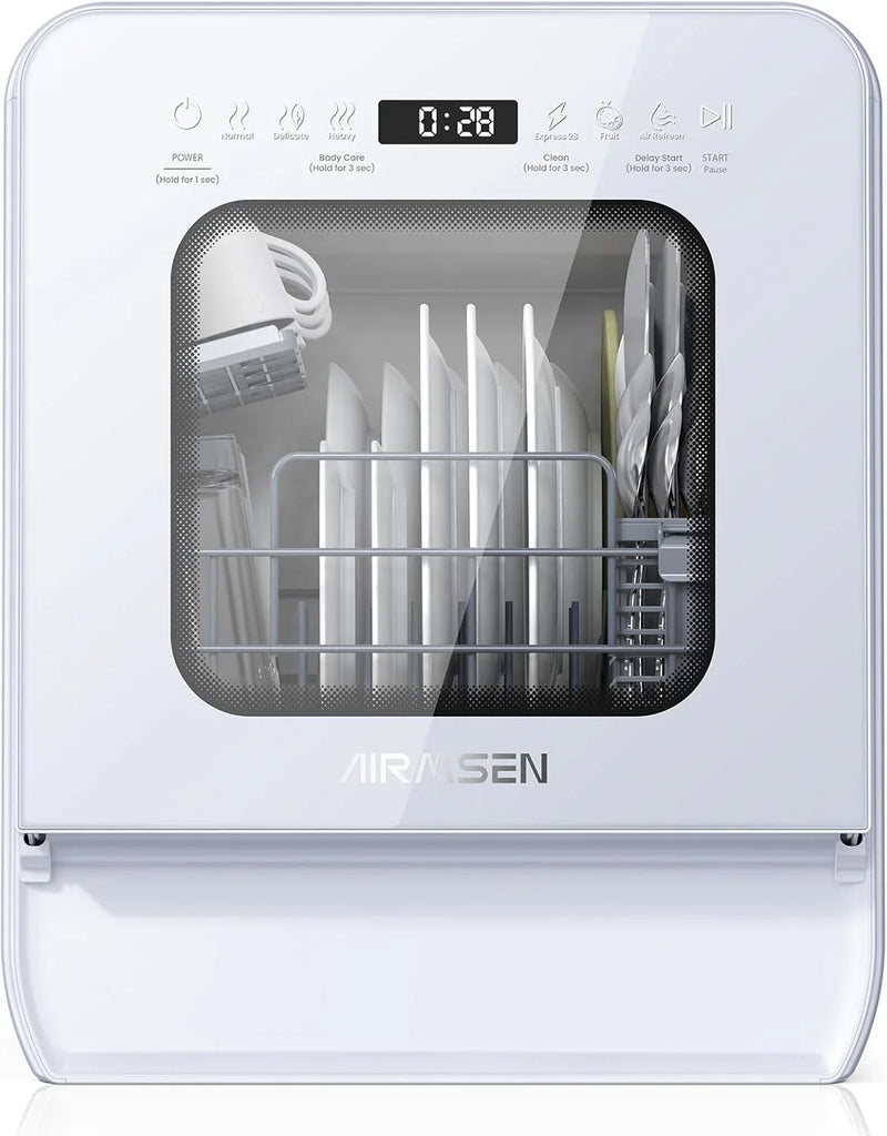 Desktop dishwasher set, double-layer shelf design, portable dishwasher, built-in 5-liter water tank, 3 spray arms, 12-hour delay start, no need to connect power supply, white model F9