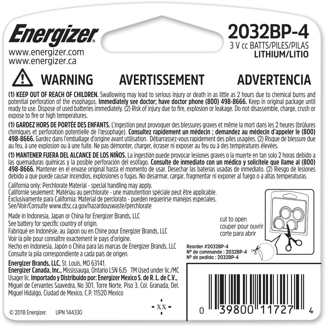 Energizer 4-pk CR2032 3V / 3 Volt Lithium Coin Cell Batteries, Long Lasting