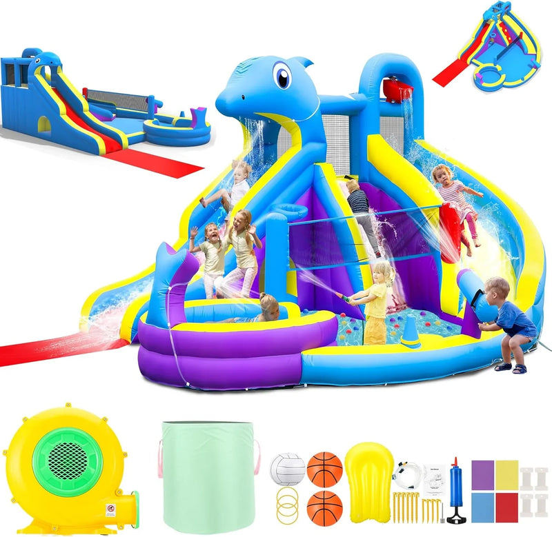 11-in-1 Inflatable Water Slide & Dolphin Bounce House w/2 Long Slides, 19.7 Ft x 13.1 Ft Extra Large Waterslide Climbing Wall w/Small Deeper Pool,Water Cannons,Hoop for Kids Backyard,550W Blower A5