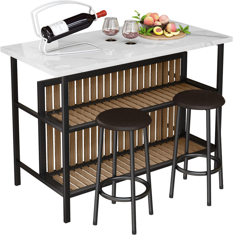 Kitchen Island with Seating & Storage Shelf, Faux Marble Island Table for Kitchen, Modern Bar Table and Chairs Set for 2,Dining Table Set for Small Space,White V9