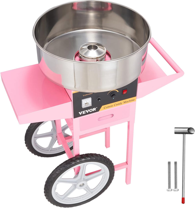 Electric Cotton Candy Machine with Cart, 1000W Commercial Floss Maker with Stainless Steel Bowl, Sugar Scoop and Drawer, Perfect for Home, Kids Birthday, Family Party, Pink H8
