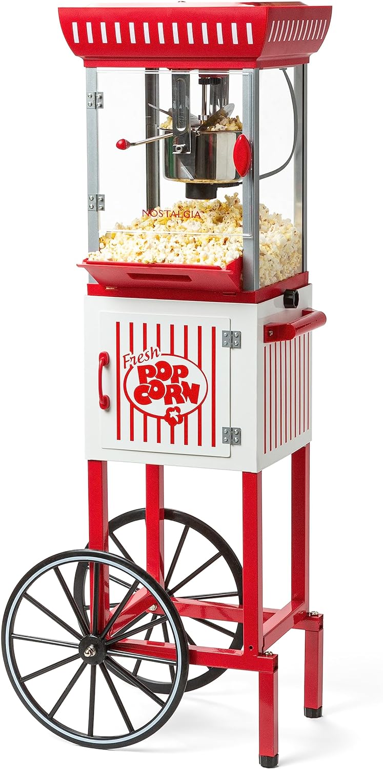 Popcorn Maker Machine - Professional Cart With 2.5 Oz Kettle Makes Up to 10 Cups - Vintage Popcorn Machine Movie Theater Style - Red & White O7