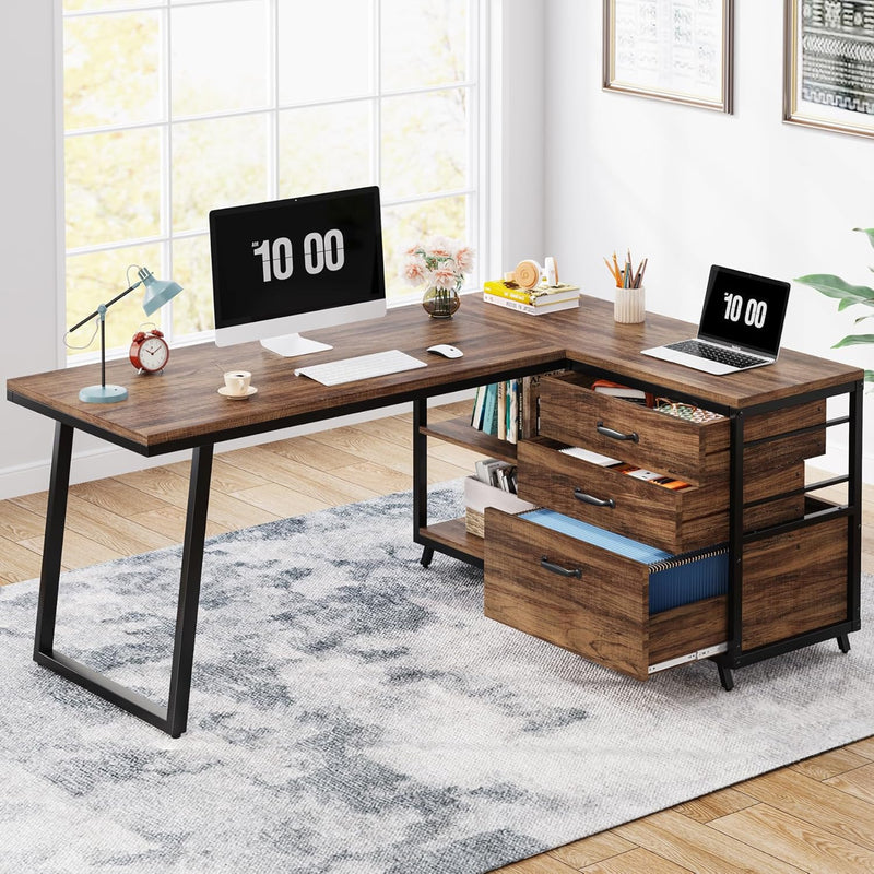 L-Shaped Computer Desk with 3 Drawers, Reversible Corner Home Office Desk with Shelves, 53-Inch Industrial PC Desk Study Writing Table Workstation for Small Space, Rustic Brown G6