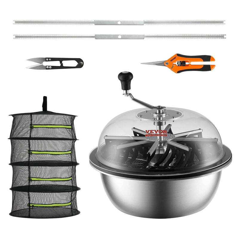 Leaf trimmer, 16-inch trimming bowl, manual flower branch trimmer, equipped with stainless steel blades for rotary trimming, transparent observation cover, foldable herb drying rack and handheld trimmer are all included. H6