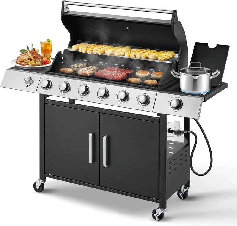 Upgraded 4 Burner BBQ Propane Gas Grill with Cast Iron Grates & Side Stove, 44,000 BTU Stainless Steel Burner Barbecue Grill for Patio, Camping, Outdoor Cooking MELLCOM W6
