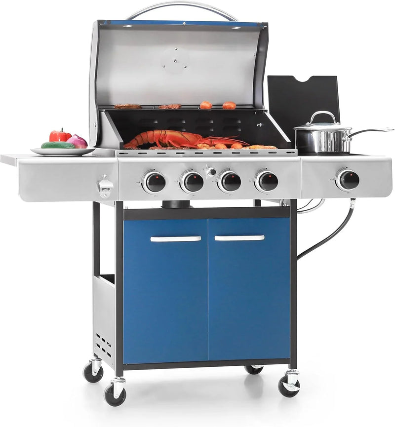 Burner Propane Gas BBQ Grill with Side Burner & Porcelain-Enameled Cast Iron Grates, 42,000 BTU Output Stainless Steel Grill for Outdoor Cooking Kitchen and Patio Backyard Barbecue-Captiva R6