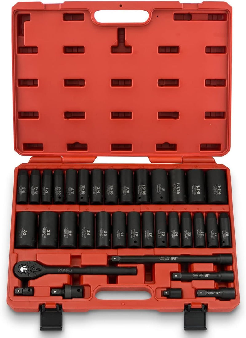 02448A 1/2" Drive Master Impact Socket Set, 65 Piece, Standard SAE (3/8"-1-1/4") & Metric (10-24 mm) Sizes, Deep & Shallow Kit, Includes Adapters & Ratchet Handle H8