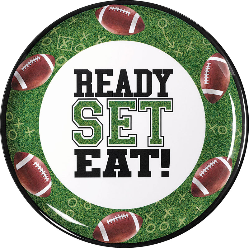 Football "Ready Set Eat" Round Plastic Melamine Reusable Serving Platter, Green, 13.5-in, for Sports Party H6