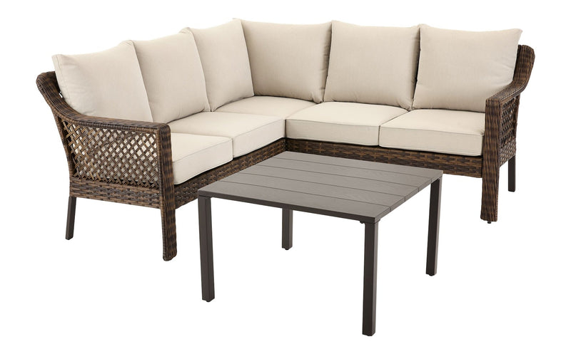 FOR LIVING Bracebridge All-Weather Wicker Outdoor Patio Sectional with Woodgrain Steel Table Top, Brown, 3-pc K0