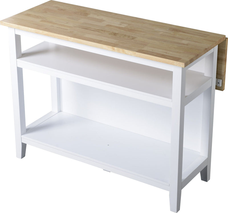 For Living Wood Top Open Shelf Kitchen Storage Island With Folding Leaf, White J9
