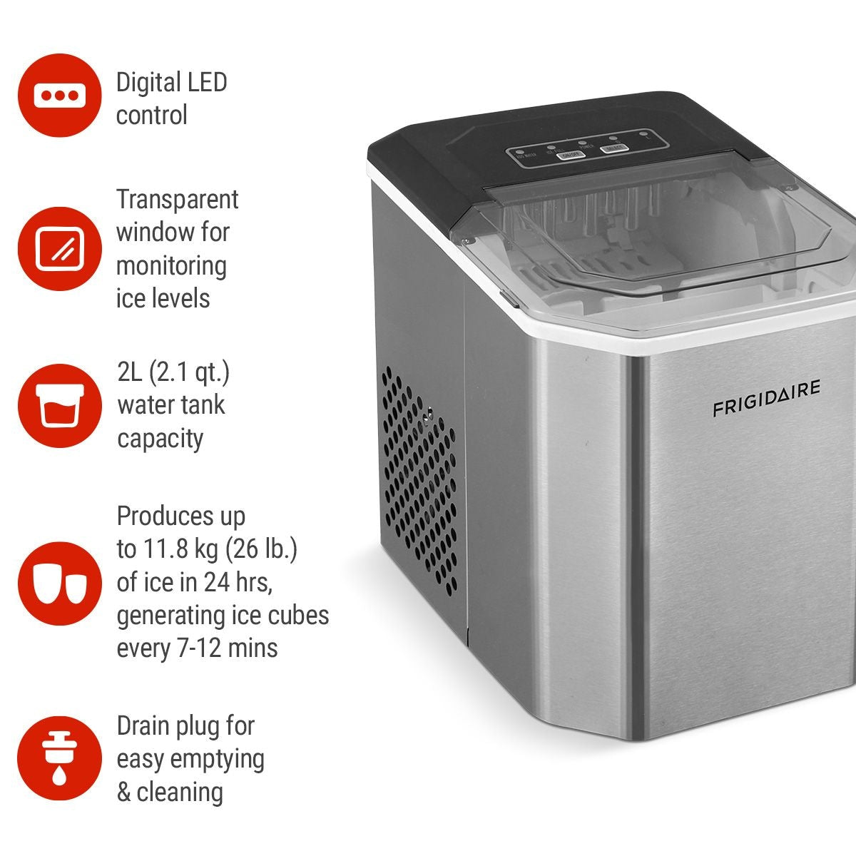 Frigidaire Stainless Steel Countertop Ice Maker with LED Display, 2.3-qt, Silver