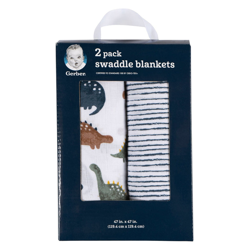 Gerber Childrenwear Dino Time Soft Cotton Muslin Baby Blanket, 2-pk E8