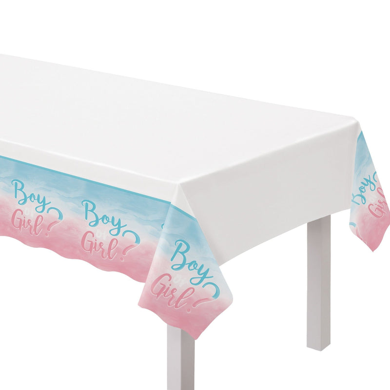 "Girl or Boy?" Rectangle Plastic Reusable Table Cover, Pink/Blue, 54x102-in, for Gender Reveal Z1