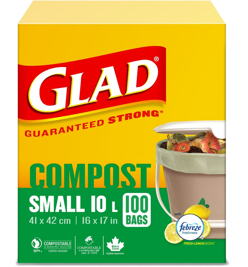Glad Small 100% Compostable Febreze Lemon Scented Food Waste Bags, 100-pk, 10-L O4