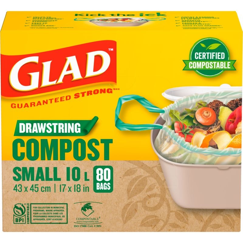 Glad Small Certified Compostable Drawstring Food Waste Bags, 80-pk, Opaque, 10-L U7
