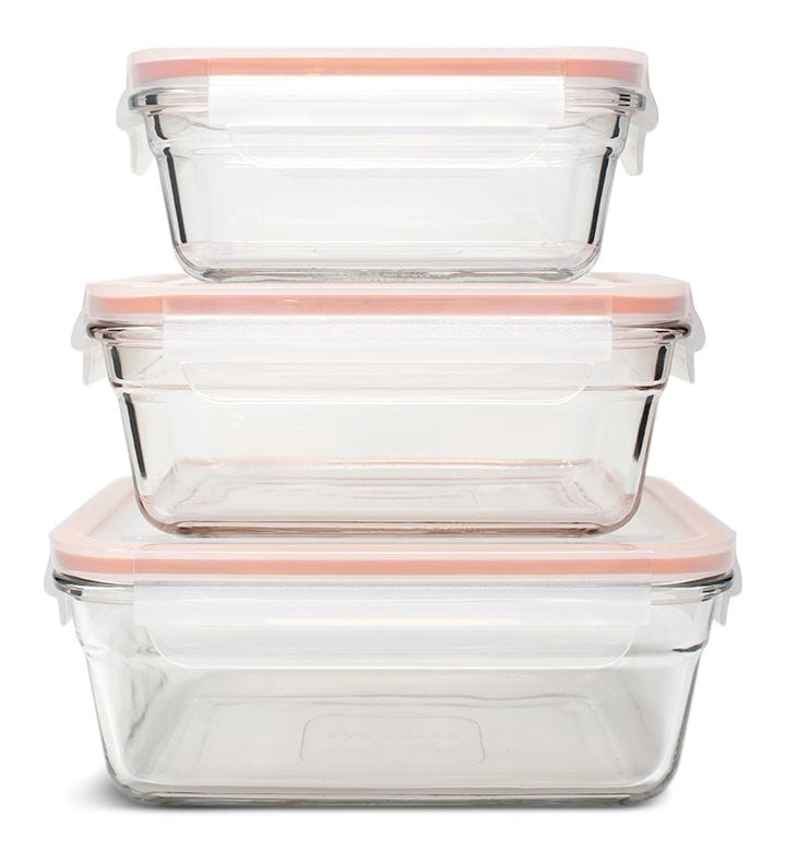 Glasslock Food Storage Container and Lid Set with Airtight Seal, Rectangular, 3 Count Q1
