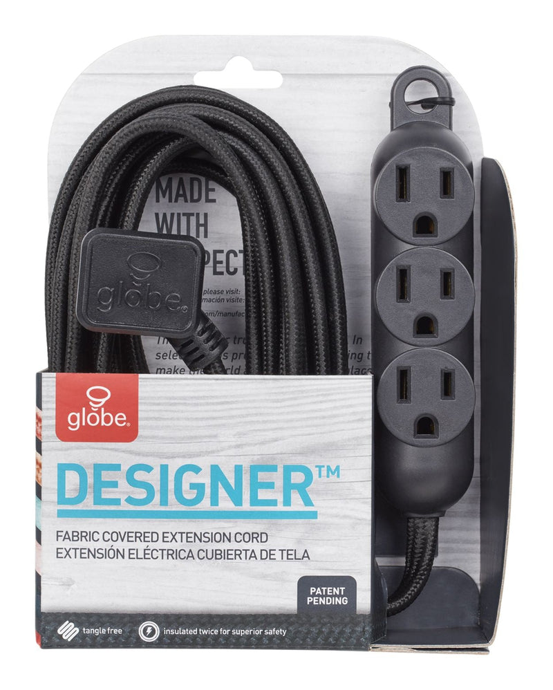 Globe 12-ft 16/3 Fabric Extension Cord, Right Angle Plug, 3 Outlets, Black S0