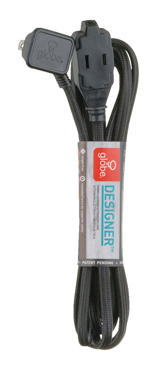 Globe 9-ft 16/2 Fabric Extension Cord, Right Angle Plug, 3 Outlets, Black I7
