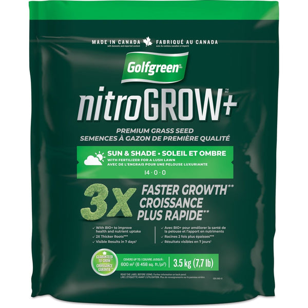 Golfgreen Nitrogrow+ Premium Nitrogen Enriched Sun and Shade Grass Seed with Fertilizer, 14-0-0, 3.5kg K7