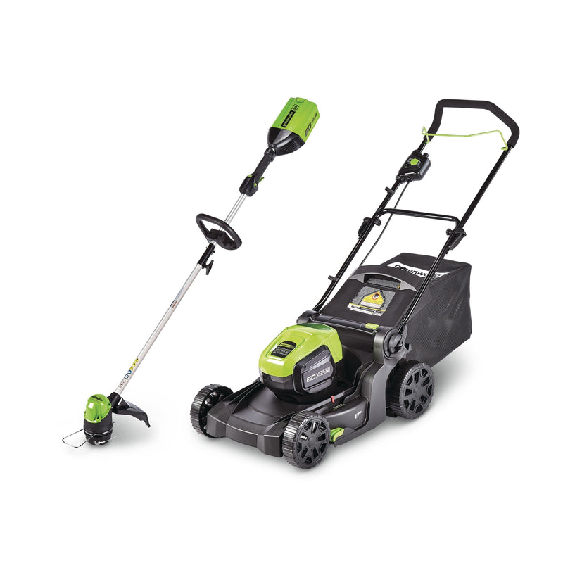 Greenworks 2-in-1 60V 4Ah Battery, Cordless Push Lawn Mower + String Trimmer, 17-in + 13-in H9